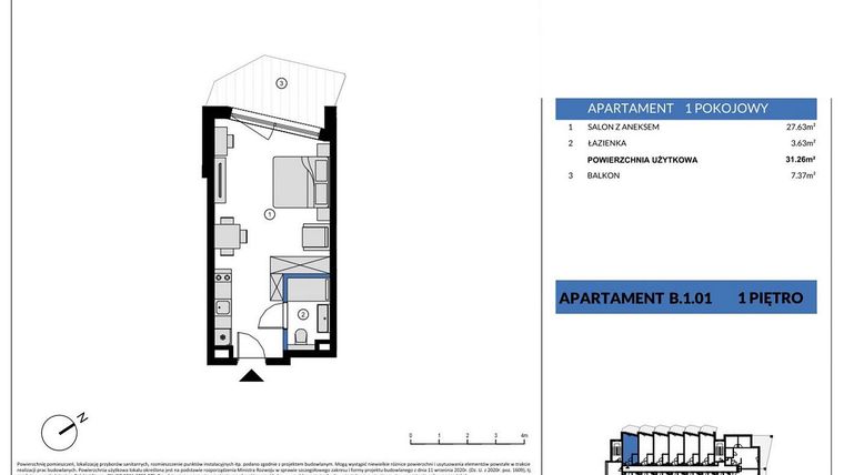 Rzut - Mieszkanie na sprzedaż 1 pokój o powierzchni 31,26 m² - numer B.1.01 w Wind Yacht