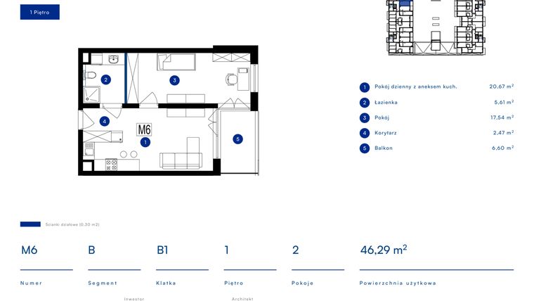 Rzut - Mieszkanie na sprzedaż 2 pokoje o powierzchni 46,29 m² - numer 6B w Przy Bursztynowej