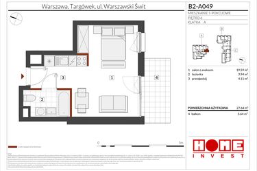 Rzut - Mieszkanie na sprzedaż 1 pokój o powierzchni 27,64 m² - numer B2-A049 w Warszawski Świt etap IX