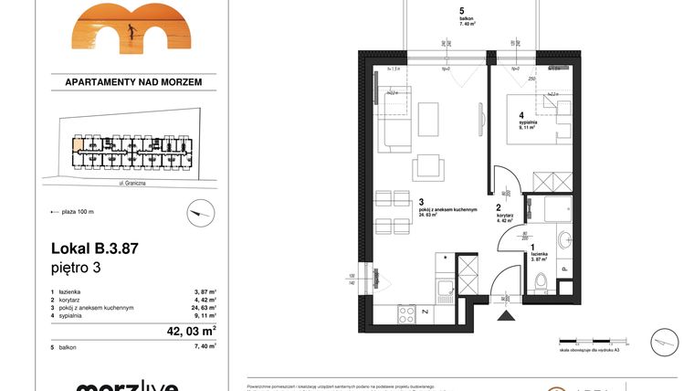 Rzut - Mieszkanie na sprzedaż 2 pokoje o powierzchni 42,03 m² - numer B.3.87 w Morzlive