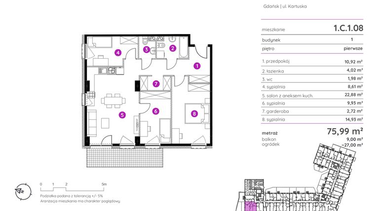 Rzut - Mieszkanie na sprzedaż 4 pokoje o powierzchni 75,99 m² - numer 1.C.1.08 w Murapol Scarpa
