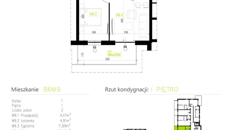 Rzut - Mieszkanie na sprzedaż 2 pokoje o powierzchni 46,26 m² - numer B6M9 w Osiedle Natura Park etap II