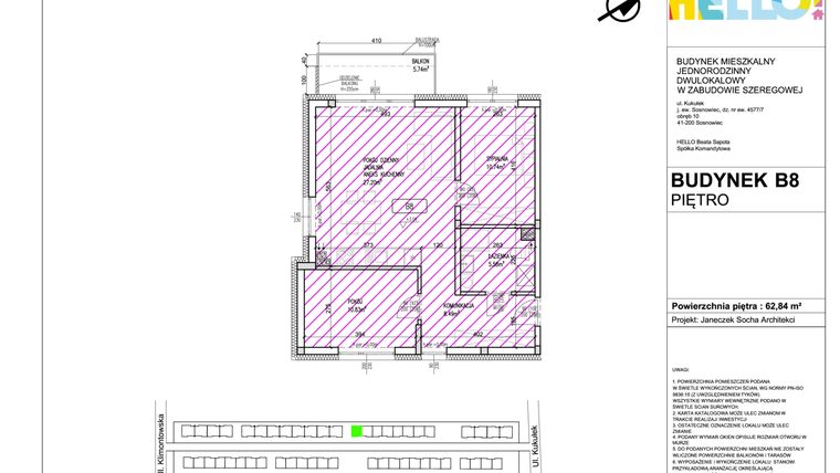 Rzut - Mieszkanie na sprzedaż 3 pokoje o powierzchni 62,16 m² - numer B8.2 w HELLO! KUKUŁKI bud. B