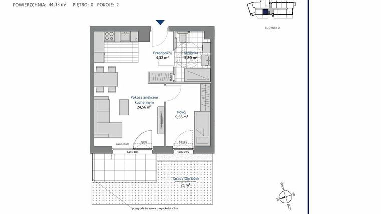 Rzut - Mieszkanie na sprzedaż 2 pokoje o powierzchni 44,33 m² - numer D.0.1 w Nowa Dąbrowa bud. DE