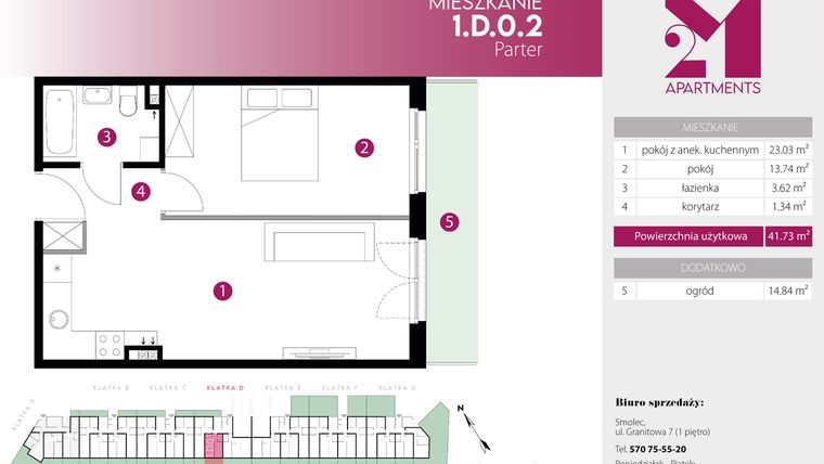 Rzut - Mieszkanie na sprzedaż 2 pokoje o powierzchni 41,73 m² - numer 1.D.0.2 w 2M Apartments etap IV