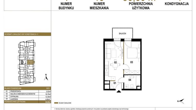 Rzut - Mieszkanie na sprzedaż 2 pokoje o powierzchni 36,6 m² - numer 1.M19 w Osiedle Saturna