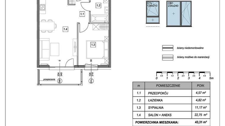 Rzut - Mieszkanie na sprzedaż 2 pokoje o powierzchni 43,31 m² - numer B.2.2 w #NaSwoim2