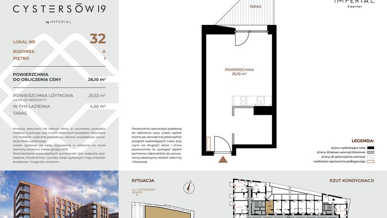 Rzut - Mieszkanie na sprzedaż 1 pokój o powierzchni 26,1 m² - numer 32 w Cystersów 19 - lokale inwestycyjne