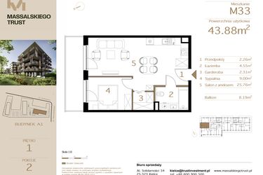 Rzut - Mieszkanie na sprzedaż 2 pokoje o powierzchni 43,88 m² - numer M33 w Massalskiego Trust