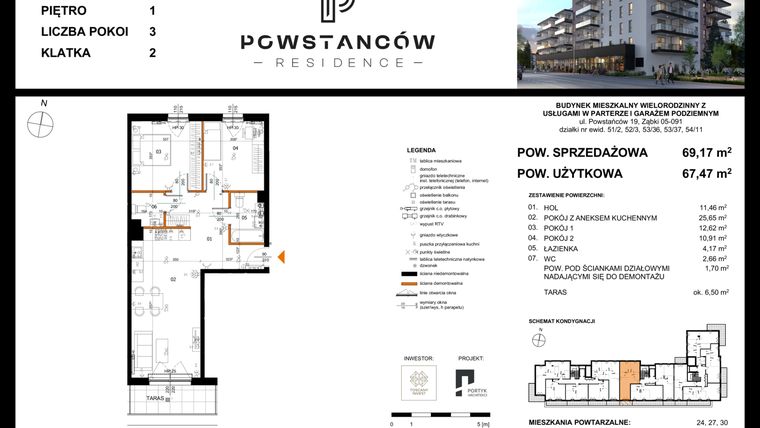 Rzut - Mieszkanie na sprzedaż 3 pokoje o powierzchni 69,17 m² - numer 21 w Powstańców Residence