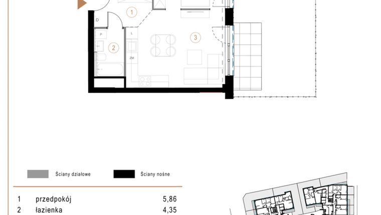 Rzut - Mieszkanie na sprzedaż 1 pokój o powierzchni 41,07 m² - numer D02 w Osiedle Józefowska