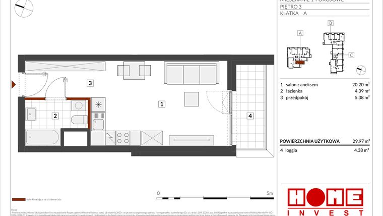 Rzut - Mieszkanie na sprzedaż 1 pokój o powierzchni 29,97 m² - numer B2-A024 w Warszawski Świt etap IX