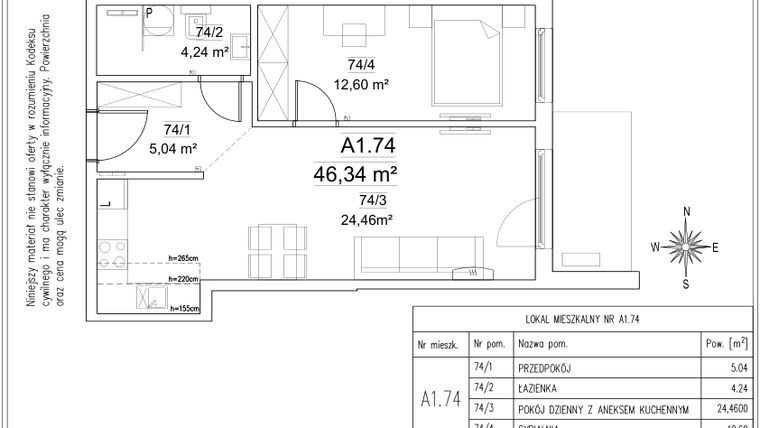 Rzut - Mieszkanie na sprzedaż 2 pokoje o powierzchni 46,34 m² - numer 5A/74 w FORTnatura etap II