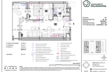 Rzut - Mieszkanie na sprzedaż 2 pokoje o powierzchni 38,51 m² - numer 23 w Apartamenty Poligonowa etap 5