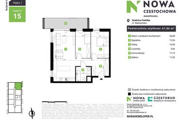 Rzut - Mieszkanie na sprzedaż 3 pokoje o powierzchni 67,86 m² - numer D15 w Nowa Częstochowa Małopolska etap II