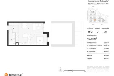 Rzut - Mieszkanie na sprzedaż 2 pokoje o powierzchni 43,11 m² - numer 31 w Koncertowa Dolina