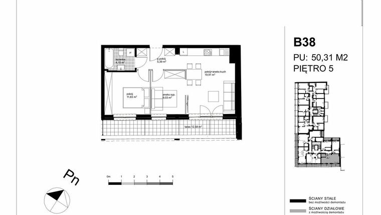 Rzut - Mieszkanie na sprzedaż 2 pokoje o powierzchni 50,31 m² - numer B38 w Apartamenty Kopernika - etap II