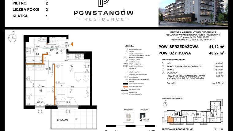 Rzut - Mieszkanie na sprzedaż 2 pokoje o powierzchni 43,3 m² - numer 7 w Powstańców Residence