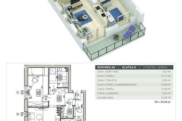 Rzut - Mieszkanie na sprzedaż 3 pokoje o powierzchni 57,59 m² - numer A.8.M64 w Sobola Biel A8