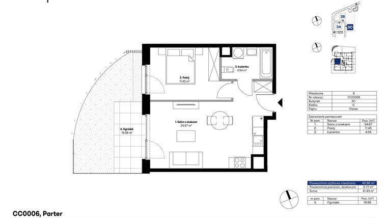 Rzut - Mieszkanie na sprzedaż 2 pokoje o powierzchni 40,66 m² - numer CC0006 w NU3 Warszawa Wola