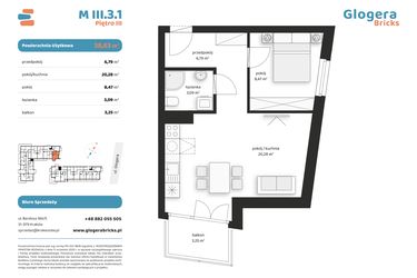 Rzut - Mieszkanie na sprzedaż 2 pokoje o powierzchni 38,63 m² - numer M III.3.1 w Glogera Bricks