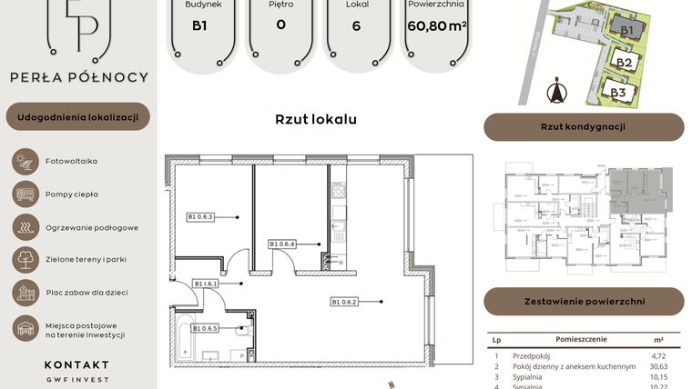Rzut - Mieszkanie na sprzedaż 3 pokoje o powierzchni 60,8 m² - numer B1.0_6 w Perła Północy etap 2