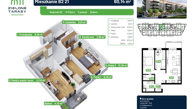 Rzut - Mieszkanie na sprzedaż 3 pokoje o powierzchni 60,14 m² - numer B2.21 w Zielone Tarasy