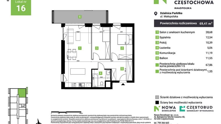Rzut - Mieszkanie na sprzedaż 3 pokoje o powierzchni 69,41 m² - numer E16 w Nowa Częstochowa Małopolska etap II
