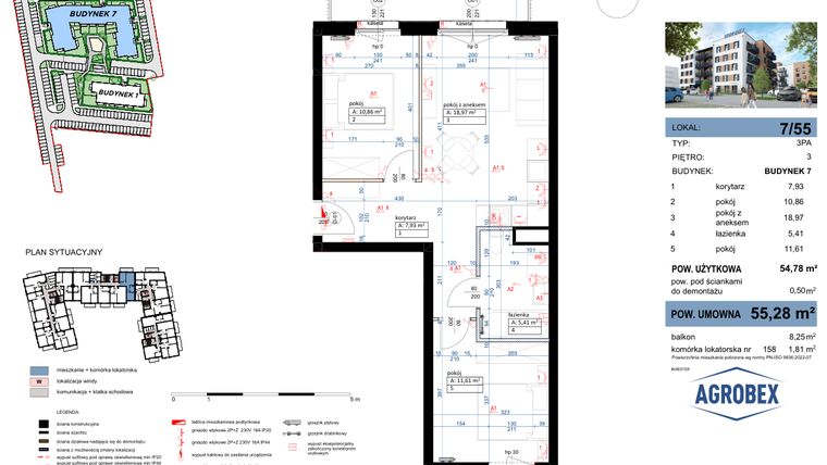 Rzut - Mieszkanie na sprzedaż 3 pokoje o powierzchni 55,28 m² - numer 7/55 w Nove Garby