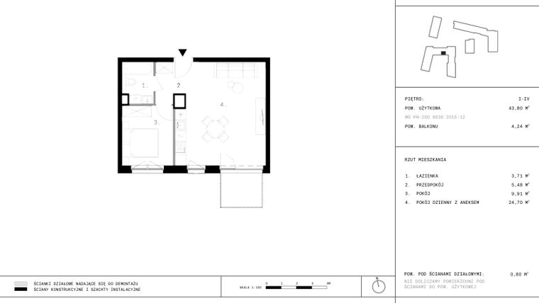 Rzut - Mieszkanie na sprzedaż 2 pokoje o powierzchni 43,61 m² - numer 147 w 28 czerwca 1956 r.