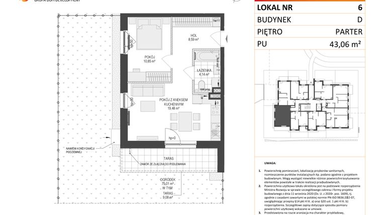 Rzut - Mieszkanie na sprzedaż 2 pokoje o powierzchni 43,06 m² - numer D.6 w Osiedle Warszawska etap II