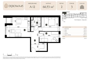 Rzut - Mieszkanie na sprzedaż 3 pokoje o powierzchni 66,53 m² - numer A.12 w Dębowa 45