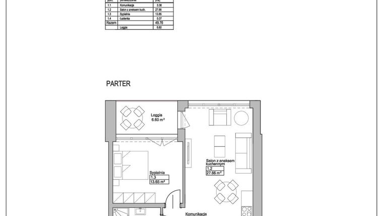Rzut - Mieszkanie na sprzedaż 2 pokoje o powierzchni 49,76 m² - numer M7 w Ogrody Reymonta