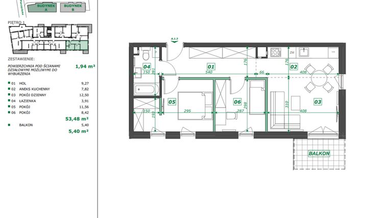 Rzut - Mieszkanie na sprzedaż 3 pokoje o powierzchni 55,42 m² - numer A.1.3 w Apartamenty Pszczyńska