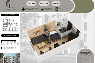 Rzut - Mieszkanie na sprzedaż 1 pokój o powierzchni 23,6 m² - numer 29 w Hussar Loft - Apartamenty inwestycyjne