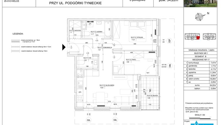 Rzut - Mieszkanie na sprzedaż 3 pokoje o powierzchni 54,22 m² - numer B17 w Podgórki Tynieckie