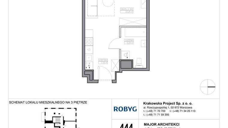 Rzut - Mieszkanie na sprzedaż 1 pokój o powierzchni 29,76 m² - numer KR6/A/3/6 w Apartamenty Krakowska etap VI