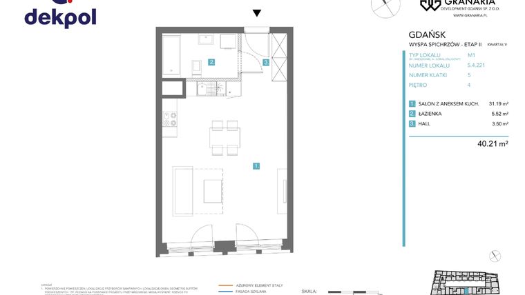 Rzut - Mieszkanie na sprzedaż 1 pokój o powierzchni 40,21 m² - numer 5.4.221 w Granaria