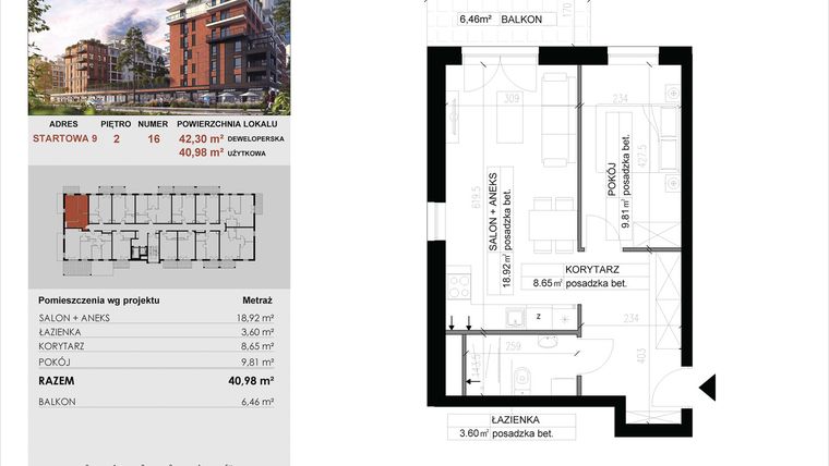 Rzut - Mieszkanie na sprzedaż 2 pokoje o powierzchni 40,98 m² - numer 16 w M|City