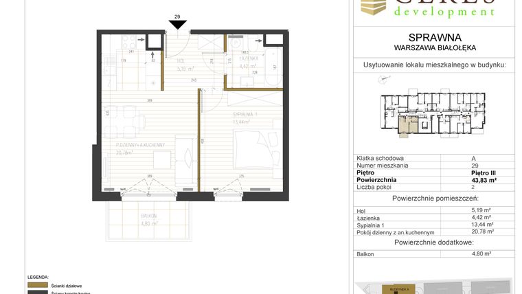 Rzut - Mieszkanie na sprzedaż 2 pokoje o powierzchni 43,83 m² - numer A29 w Osiedle Sprawna