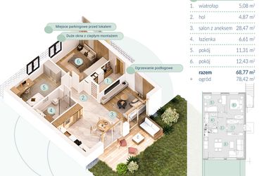 Rzut - Mieszkanie na sprzedaż 3 pokoje o powierzchni 68,77 m² - numer B.1.1 w Enklawa