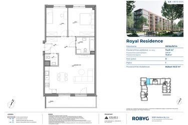 Rzut - Mieszkanie na sprzedaż 3 pokoje o powierzchni 74,31 m² - numer RR/6A/B/1/4 w Royal Residence 6A