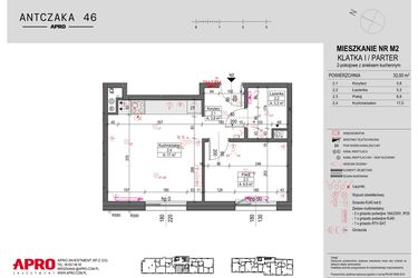 Rzut - Mieszkanie na sprzedaż 2 pokoje o powierzchni 33 m² - numer M2 w Antczaka 46