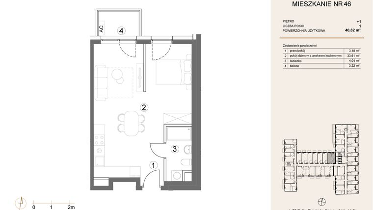 Rzut - Mieszkanie na sprzedaż 1 pokój o powierzchni 40,82 m² - numer 46 w Waterlane Vibe