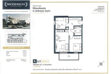 Rzut - Mieszkanie na sprzedaż 3 pokoje o powierzchni 53,75 m² - numer B42 w Mickiewicza
