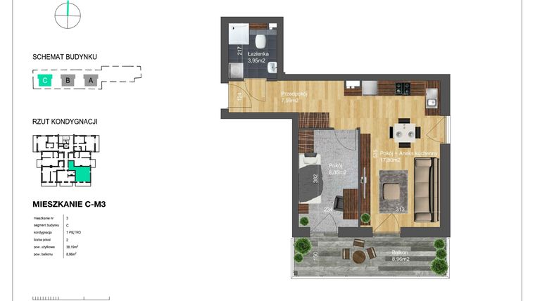 Rzut - Mieszkanie na sprzedaż 2 pokoje o powierzchni 38,19 m² - numer C-M3 w Bunscha Park 4.0