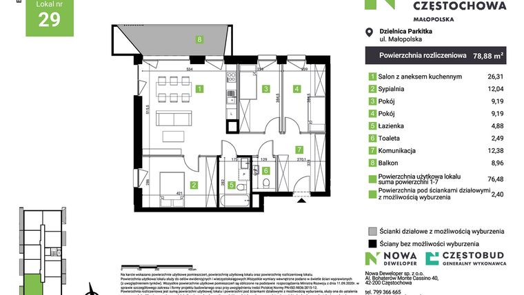 Rzut - Mieszkanie na sprzedaż 4 pokoje o powierzchni 78,88 m² - numer E29 w Nowa Częstochowa Małopolska etap II