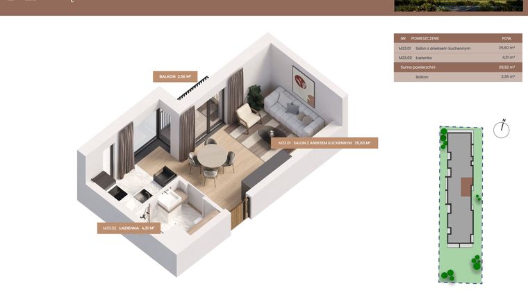 Rzut - Mieszkanie na sprzedaż 1 pokój o powierzchni 29,92 m² - numer 33 w Apartamenty Częstochowska