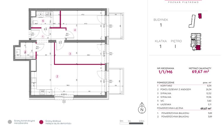 Rzut - Mieszkanie na sprzedaż 3 pokoje o powierzchni 69,67 m² - numer 1/1/M6 w Lechicka 65