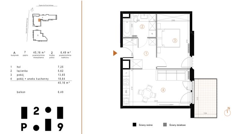 Rzut - Mieszkanie na sprzedaż 2 pokoje o powierzchni 45,16 m² - numer A49 w Paderewskiego 29